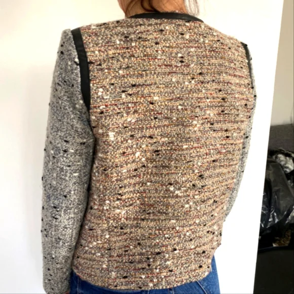 Sandro Tweed Boucle Leather Trim Collarless Moto Jacket - Picture 8 of 13